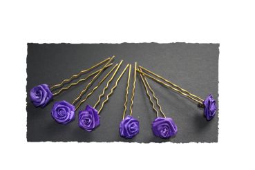 Haarschmuck - 6 goldfarbene Haarnadeln mit Rosen in der Farbe lila